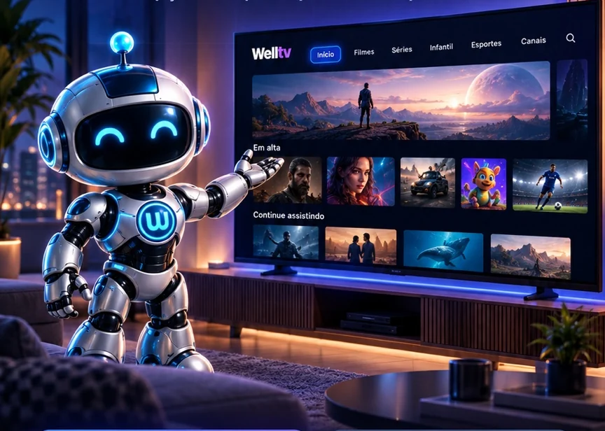 Ilustração conceitual do robô da WellTV ao lado de uma televisão em uma sala com iluminação azul e roxa